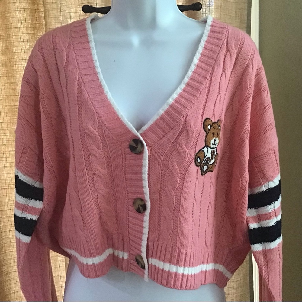 Streetwear Society Collegiate Button Up/Crop Pink Cardigan w/Embroidered Bear